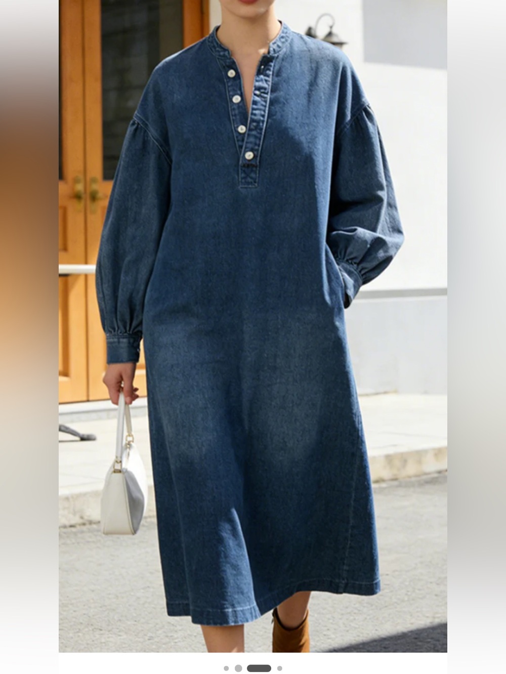 Casual Denim Long Sleeve Midi Dress - Blue